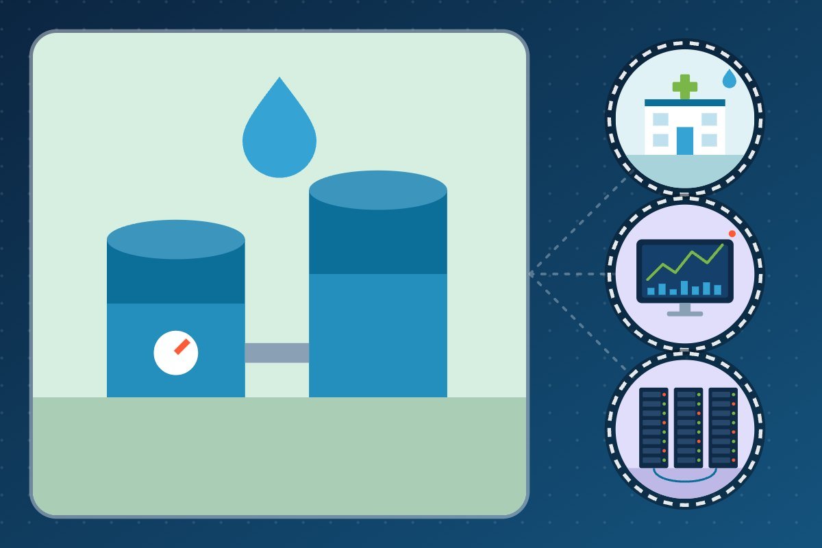 Ilustración de una planta de tratamiento de agua para hemodiálisis con panel de monitoreo