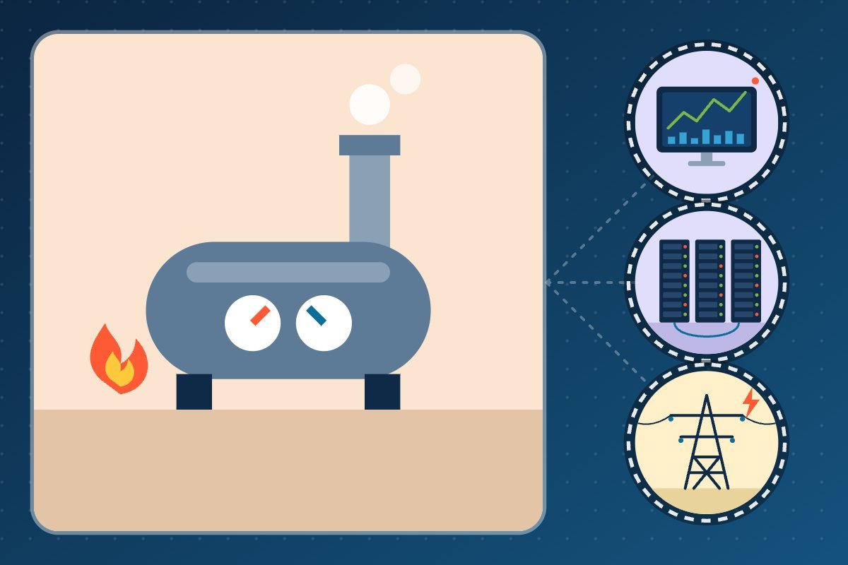 Ilustración de una caldera industrial con sistema SCADA y panel de monitoreo